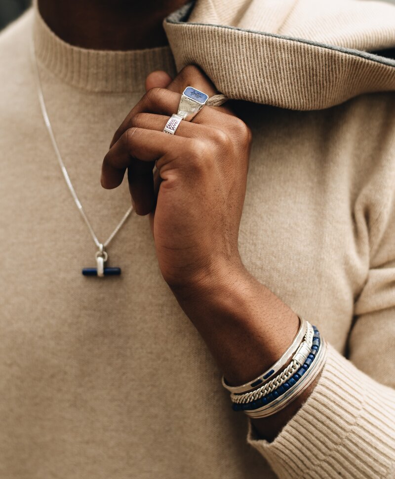 Bague Argent Symbole Pierre Bleue pour Hommes