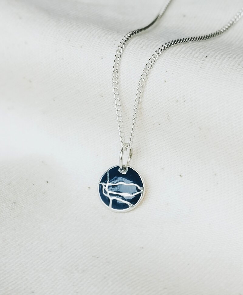 Blue Enamel Coin Pendant Emi, Silver