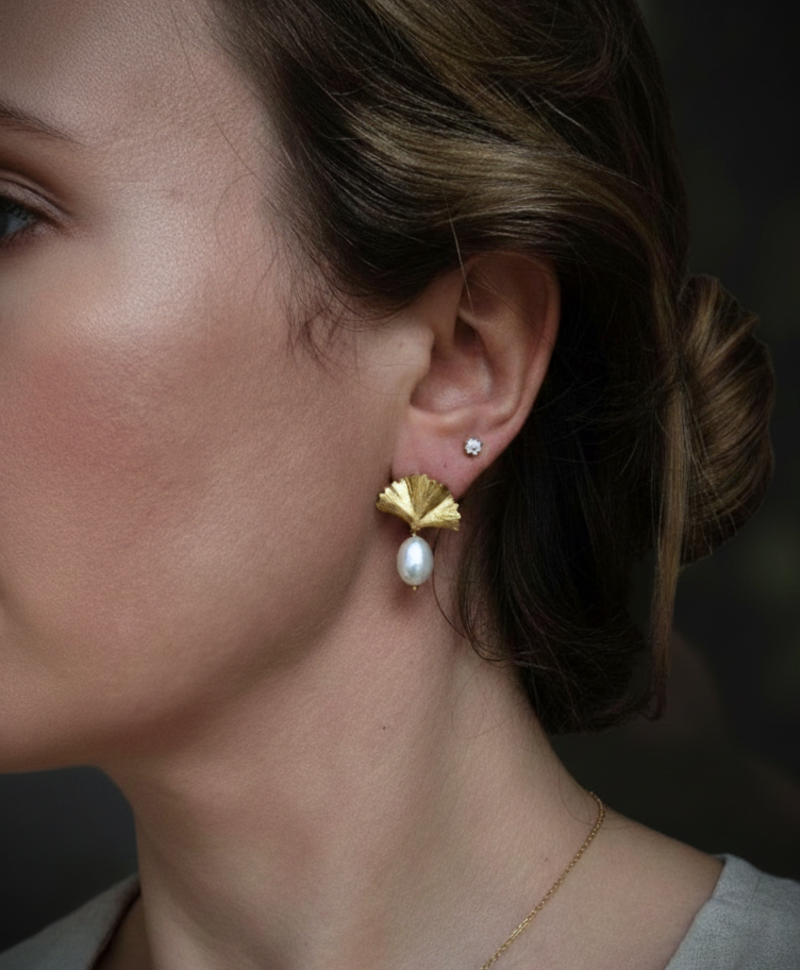 Fan Pearl Earrings Léa, Gold Plated
