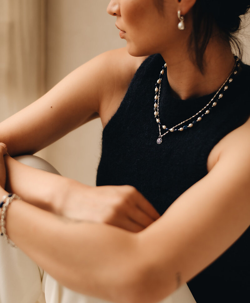 Lapis Lazuli & Pearl Necklace Aiko, Argent