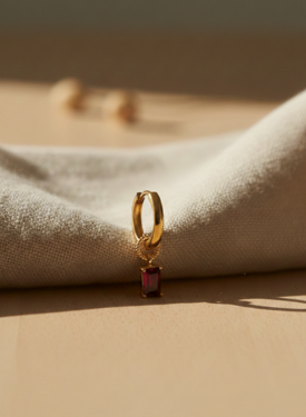 Single Earring With Red Stone Charm Rin, Gold Plated