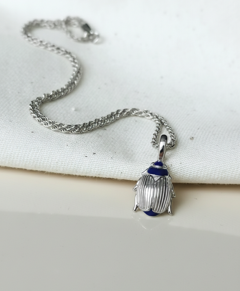 Enamel Scarab Beetle Pendant Mitsu, Silver