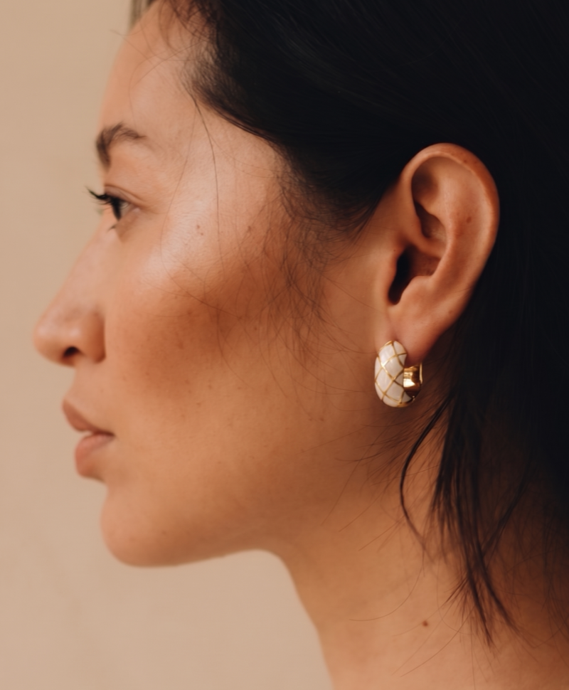 White Enamel Earring Set Akemi, Gold Plated