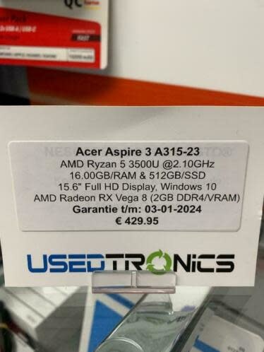 Acer Aspire 3 A315-23 | Ryzen 5 3500U | 16GB/RAM | 512GB/SSD | Garantie t/m: 03-01-2024) (7298)