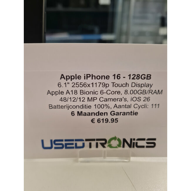 Apple Apple iPhone 16 - 128GB (11844) Batterijconditie 100% | Cycli: 111
