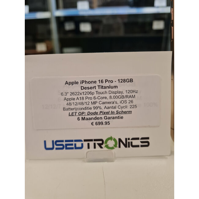 Apple Apple iPhone 16 Pro 128GB (11888) Dessert Titanium | Batterijconditie 99% | Cycli: 225 | Dode Pixel In Scherm