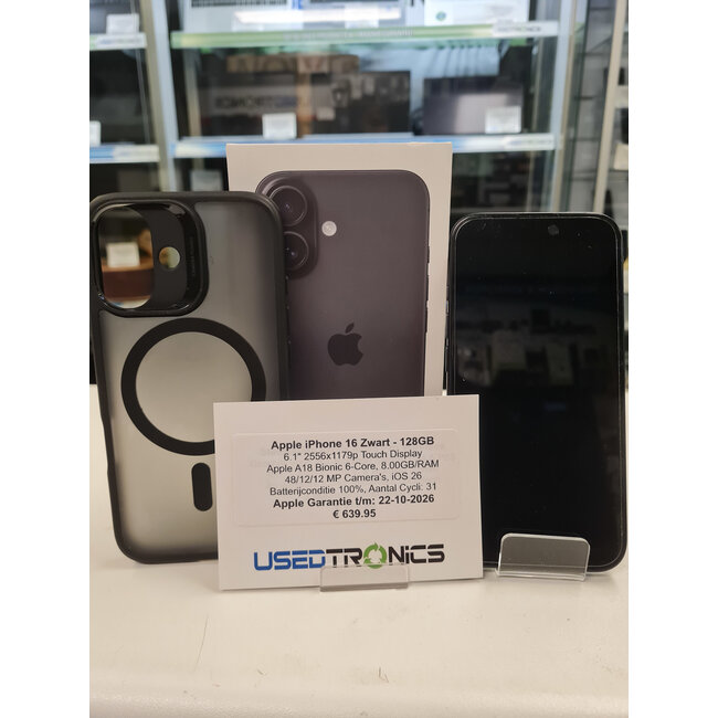 Apple Apple iPhone 16 128GB - Zwart (11940) Batterijconditie 100% | Aantal Cycli: 31