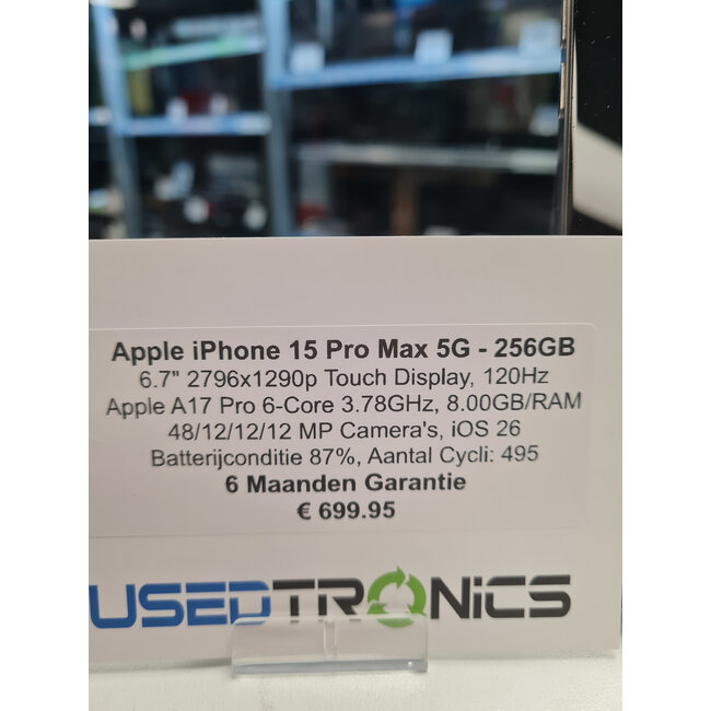 Apple Apple iPhone 15 Pro Max 256GB (12147) Batterijconditie 87%, Aantal Cycli: 495