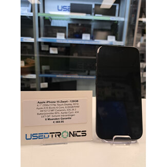 Apple Apple iPhone 15 Zwart - 128GB (12180) Batterijconditie 89% , Aantal Cycli: 434 | LET OP Scherm Inbranding