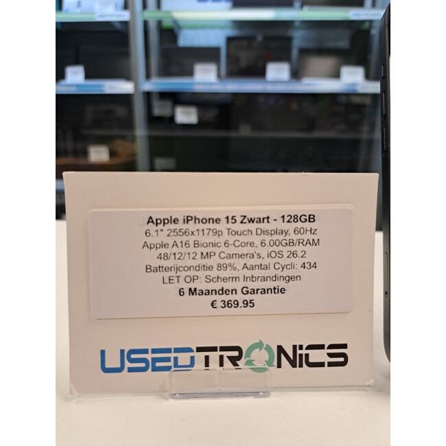 Apple Apple iPhone 15 Zwart - 128GB (12180) Batterijconditie 89% , Aantal Cycli: 434 | LET OP Scherm Inbranding