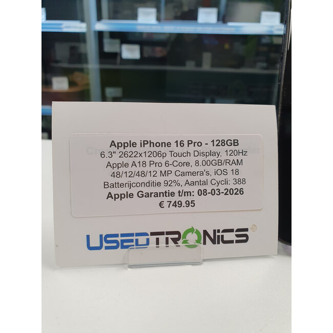 Apple Apple iPhone 16 Pro - 128GB (12217) Batterijconditie 92%, Aantal Cycli: 388