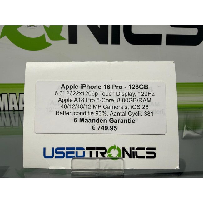 Apple Apple iPhone 16 Pro - 128GB (12249) Batterijconditie 93%, Aantal Cycli: 381