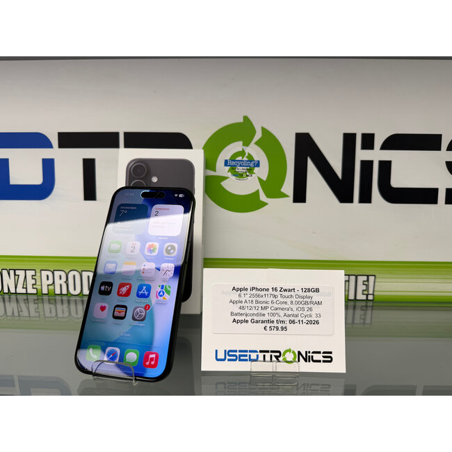 Apple Apple iPhone 16 Zwart - 128GB (12489) Batterijconditie 100%