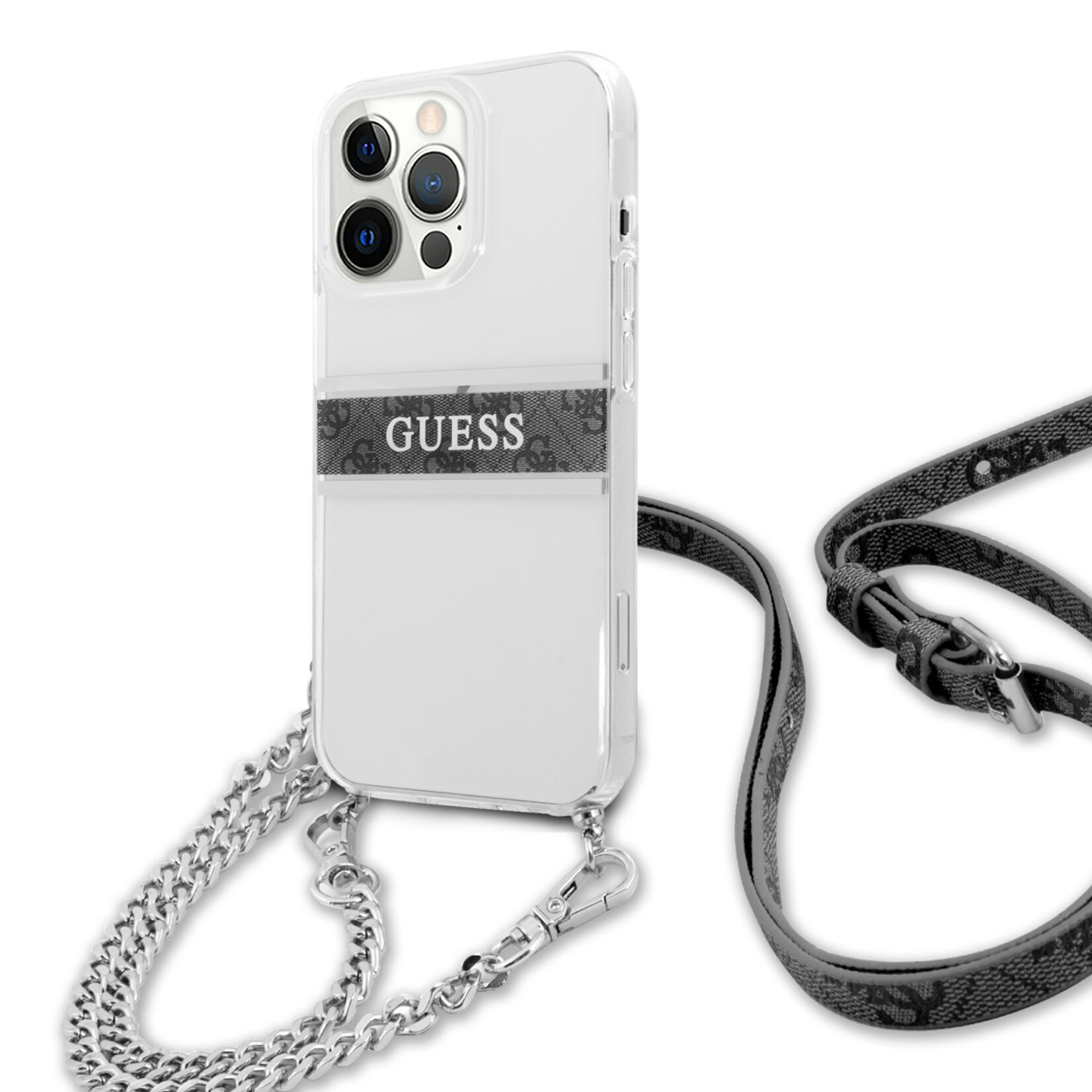 Guess Transparant hoesje van Guess - Hardcase Backcover - iPhone 13 Pro - 4G Grey Stripe - Crossbody