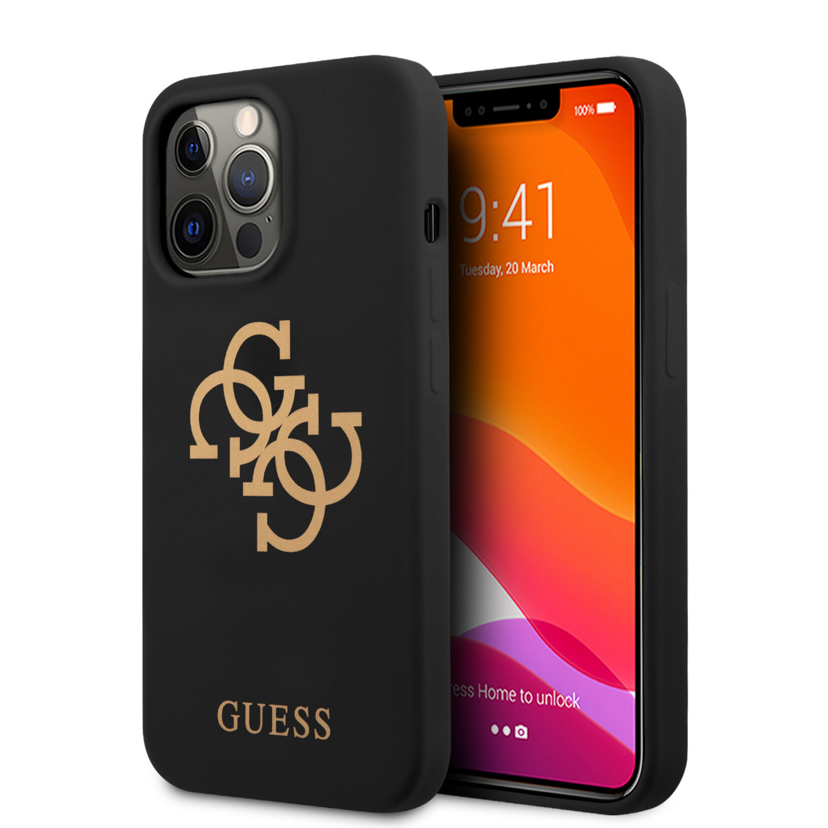 Guess Zwart hoesje van Guess - Hardcase Backcover - iPhone 13 Pro - Gold 4G Logo