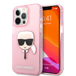 Karl Lagerfeld Transparant Roze hoesje van Karl Lagerfeld - Hardcase Backcover - iPhone 13 Pro - Glitter - Karl's head