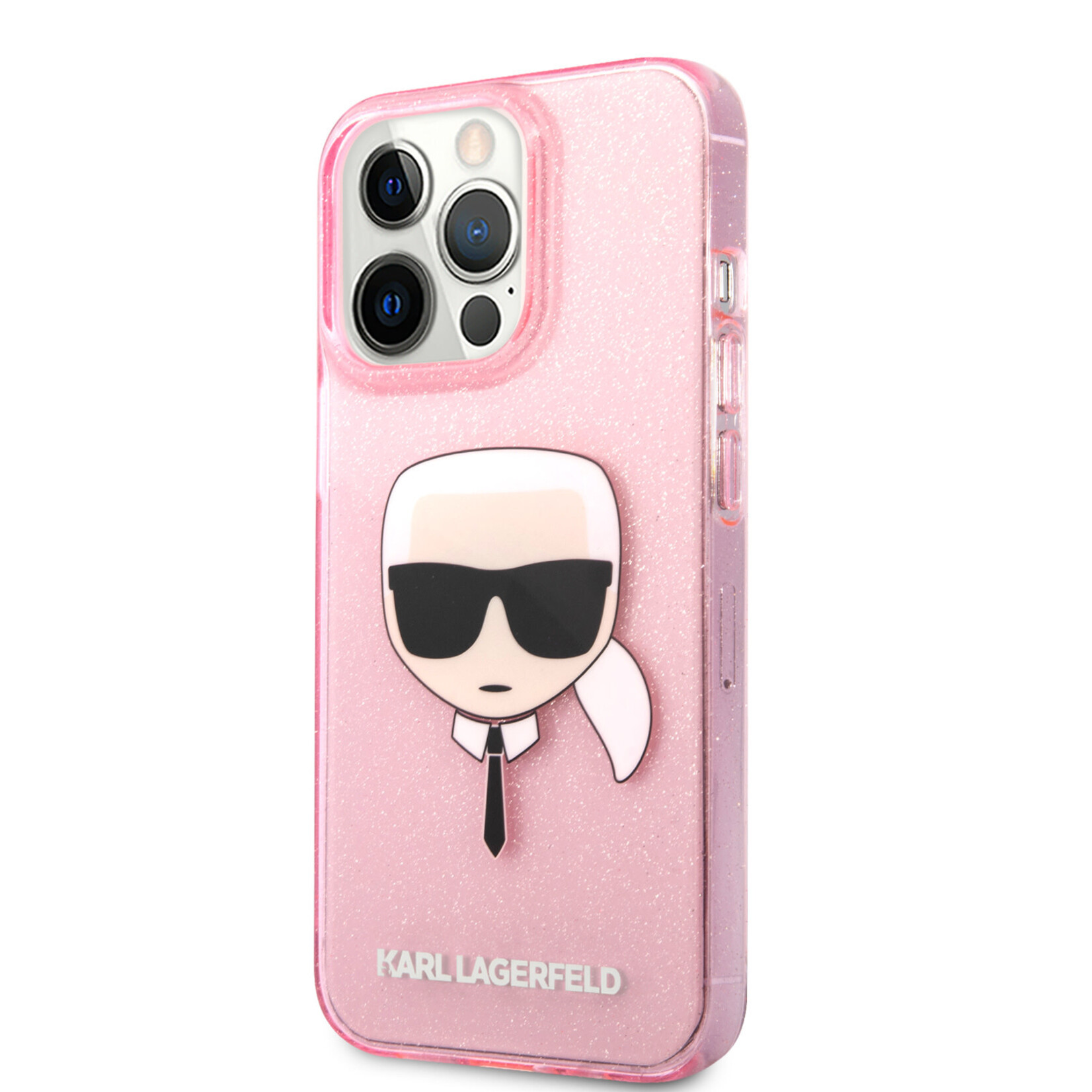 Karl Lagerfeld Transparant Roze hoesje van Karl Lagerfeld - Hardcase Backcover - iPhone 13 Pro - Glitter - Karl's head