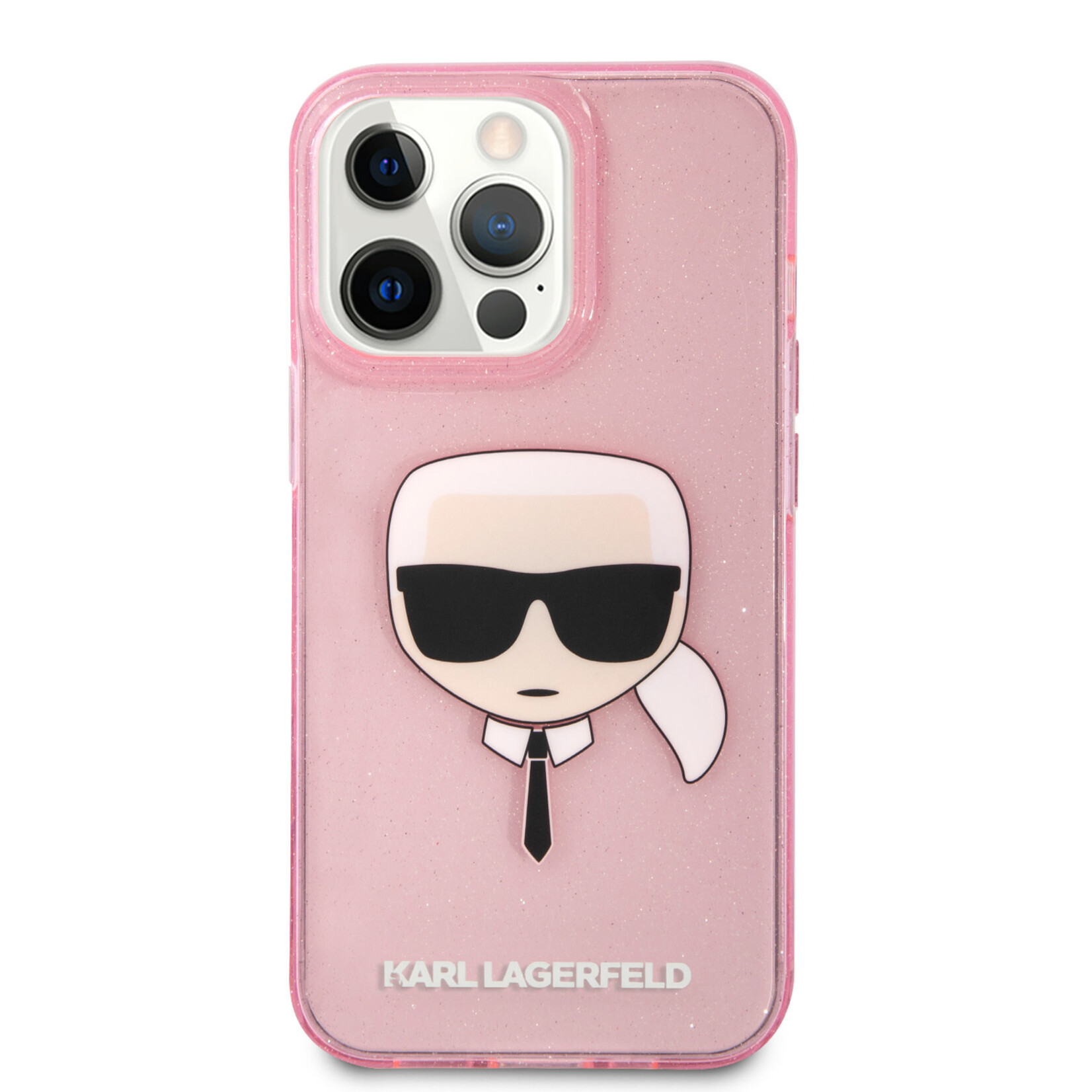 Karl Lagerfeld Transparant Roze hoesje van Karl Lagerfeld - Hardcase Backcover - iPhone 13 Pro - Glitter - Karl's head