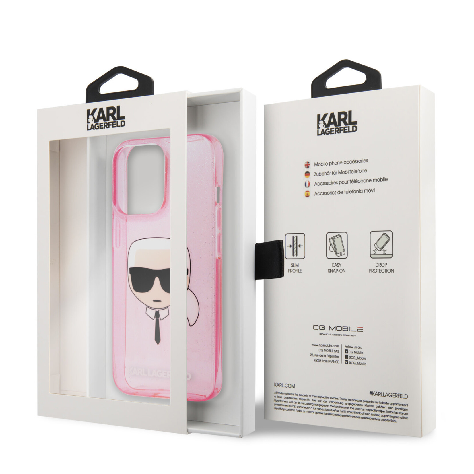 Karl Lagerfeld Transparant Roze hoesje van Karl Lagerfeld - Hardcase Backcover - iPhone 13 Pro - Glitter - Karl's head