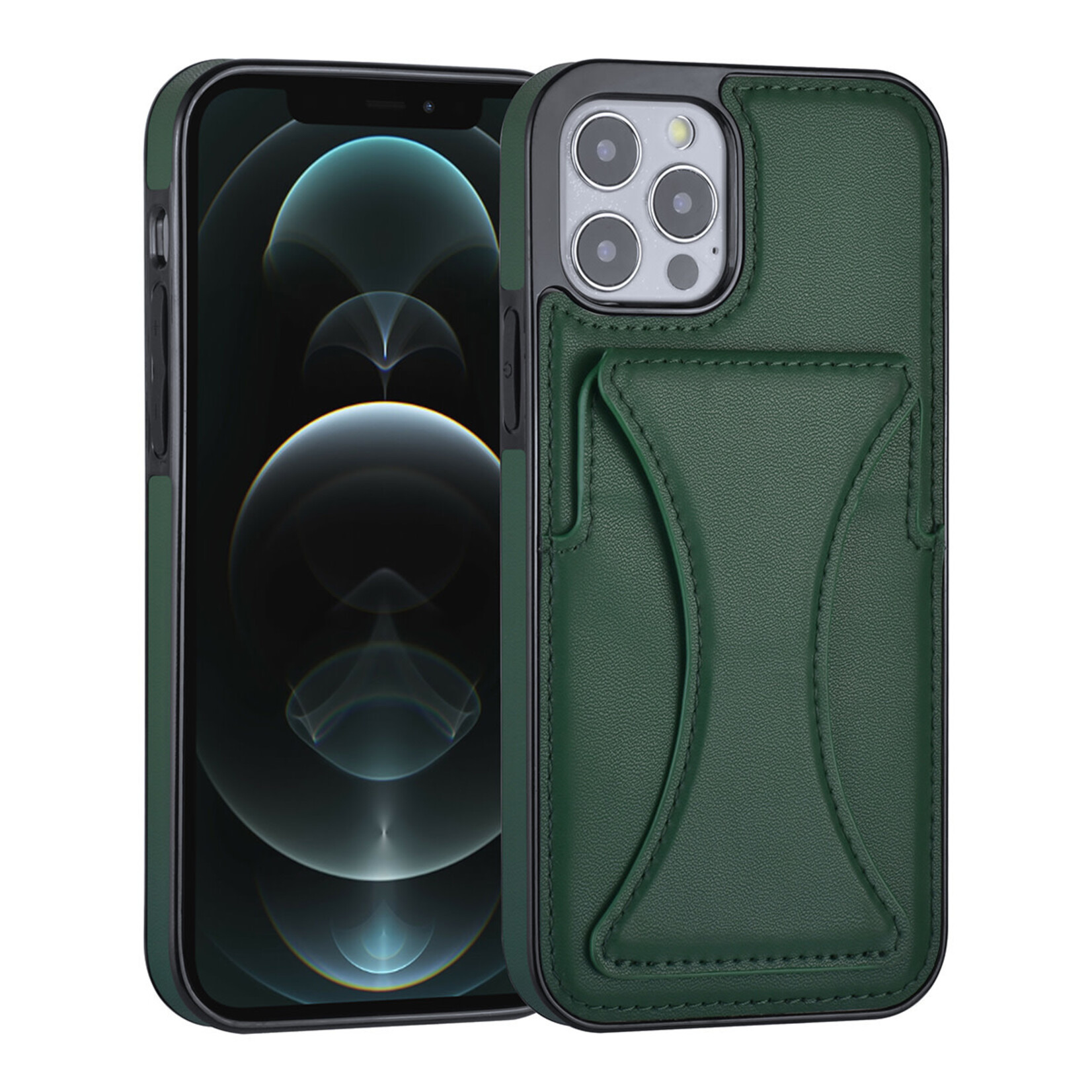 Groen hoesje voor iPhone 12 - 12 Pro - Back Cover - Pasjeshouder - Multifunctionele Handstrap