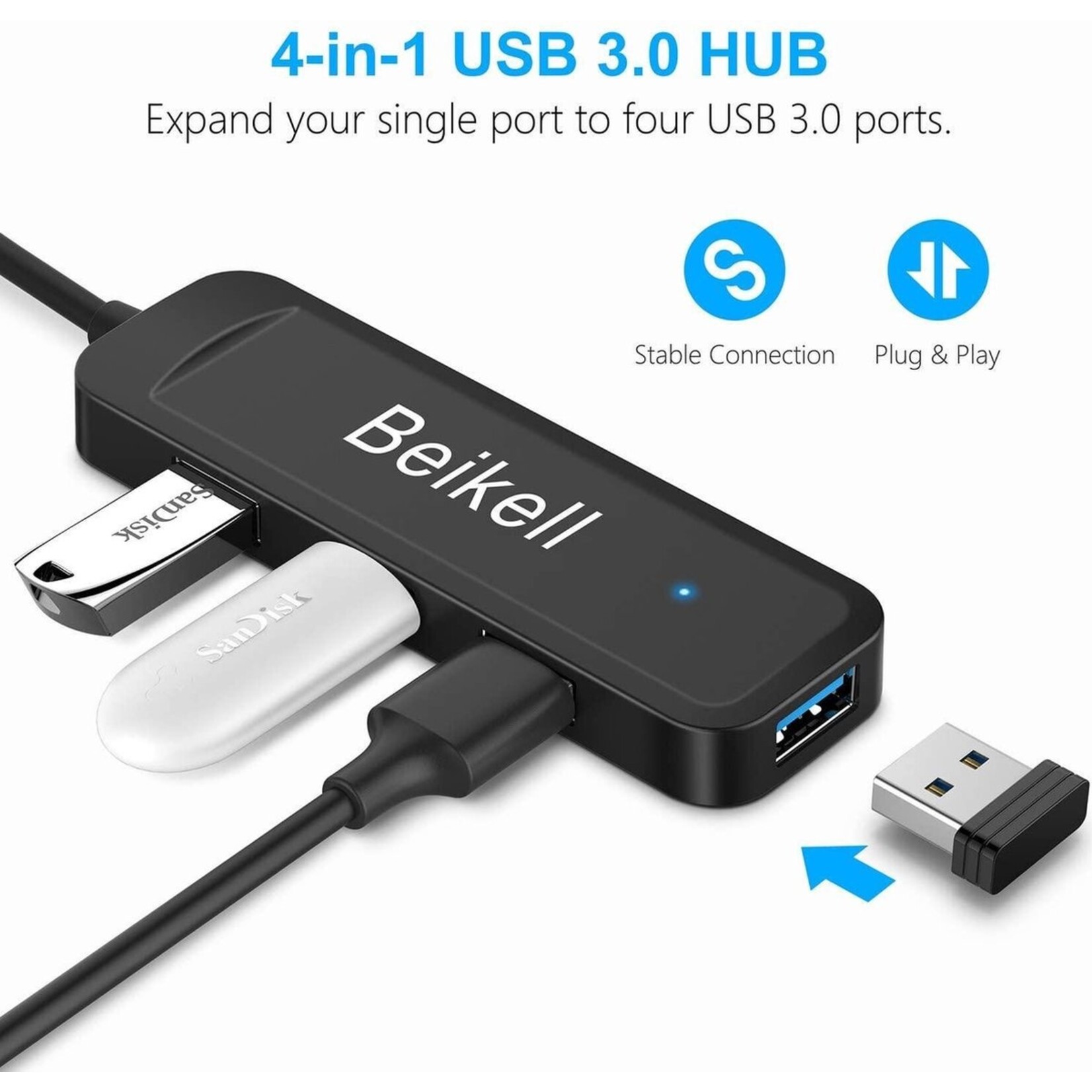 Beikell USB 3.0 Hub, 4-poorts Ultra Slim USB Hub Datahub met LED Indicator - Super Snelheid voor MacBook, MacBook Air/Pro/Mini, PS4, Surface Pro, Huawei MateBook, USB Flash Drives enz.