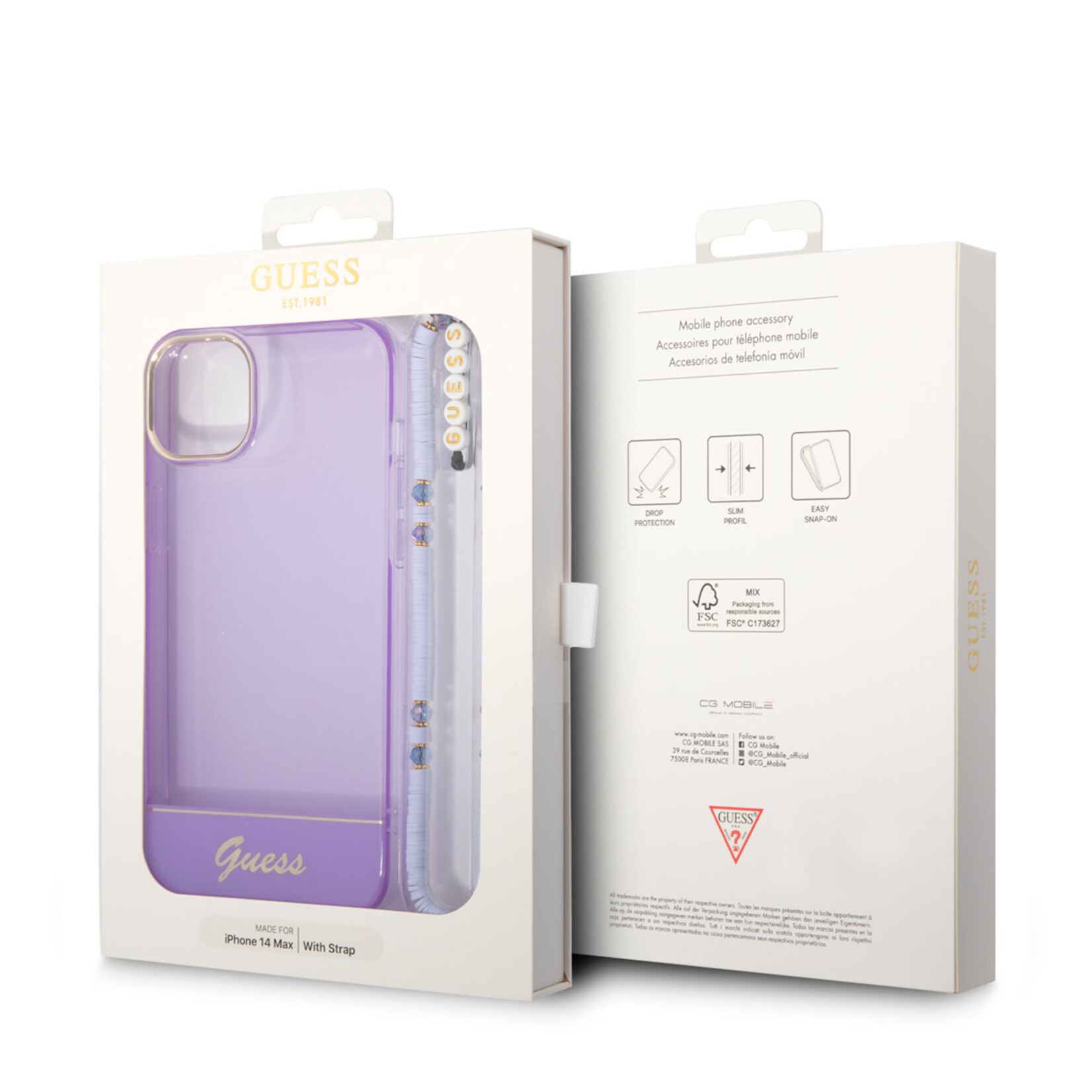 Guess Guess Telefoonhoesje voor Apple iPhone 14 Plus – Paars Transparant, TPU-materiaal, Beschermt tegen Stoten en Krasvrij.