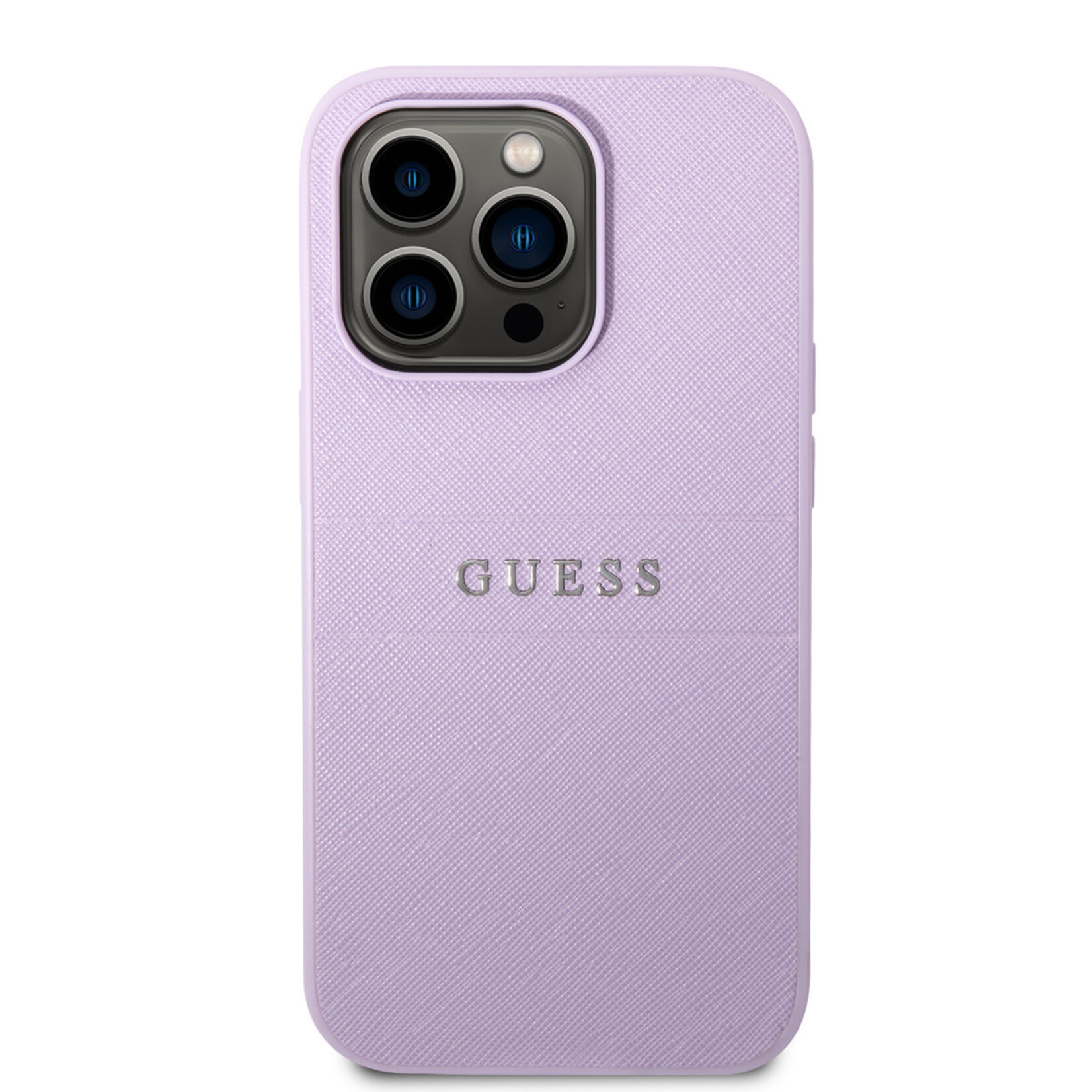 Guess Guess Apple iPhone 14 Pro PU Saffiano Back Cover Telefoonhoesje - Paars - Bescherm je Telefoon!