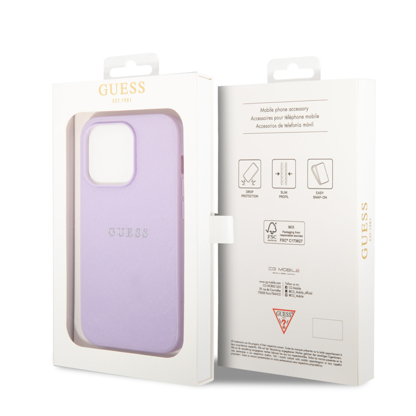 Guess Guess Apple iPhone 14 Pro PU Saffiano Back Cover Telefoonhoesje - Paars - Bescherm je Telefoon!