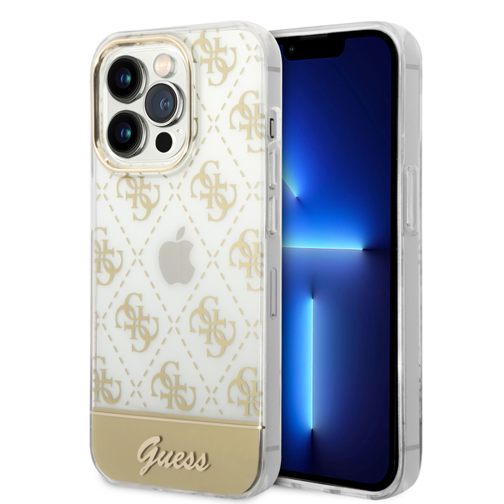 Guess Guess iPhone 14 Pro Gouden TPU Back Cover Hoesje met Bescherming - Perfecte Pasvorm & Comfortabel Gevoel.