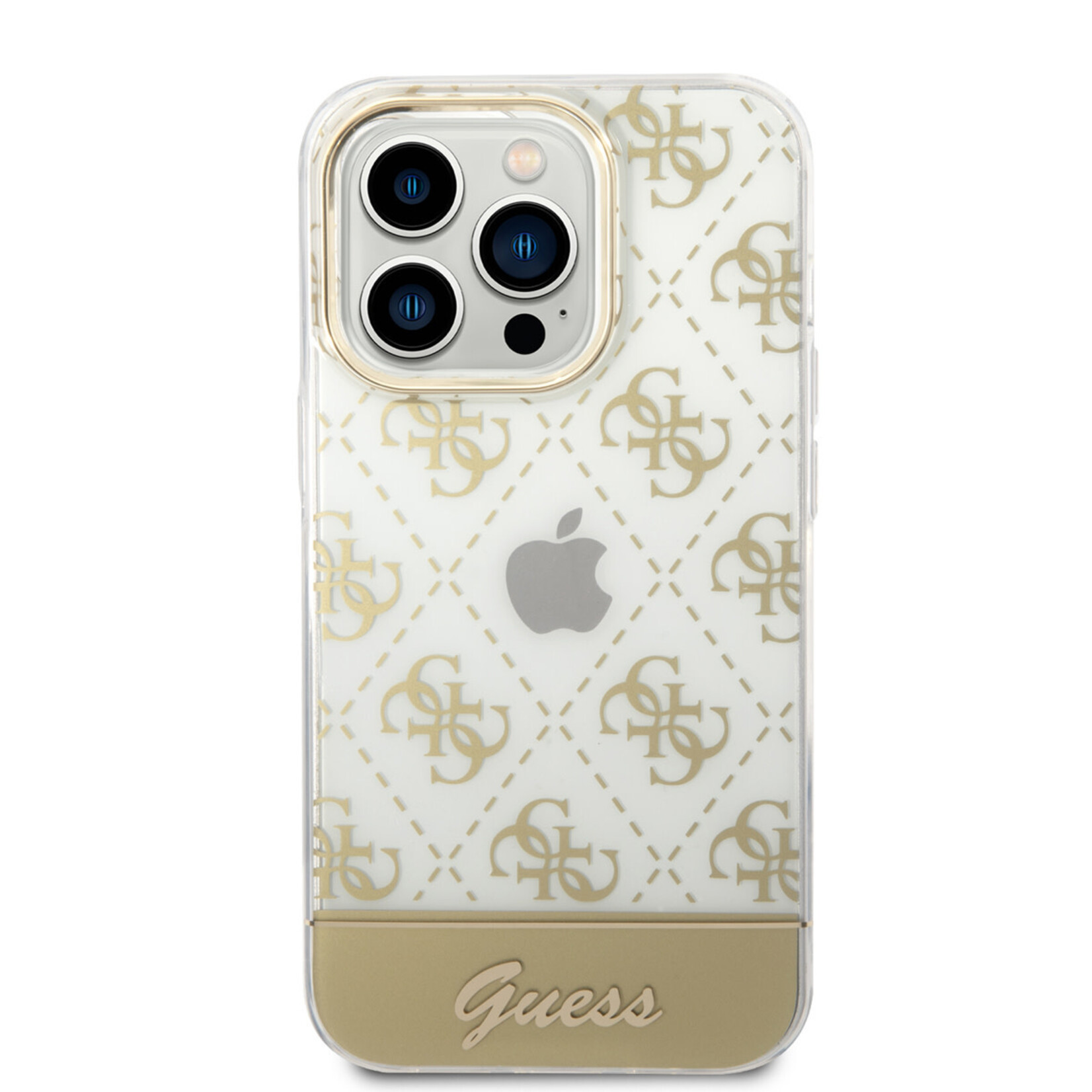 Guess Guess iPhone 14 Pro Gouden TPU Back Cover Hoesje met Bescherming - Perfecte Pasvorm & Comfortabel Gevoel.