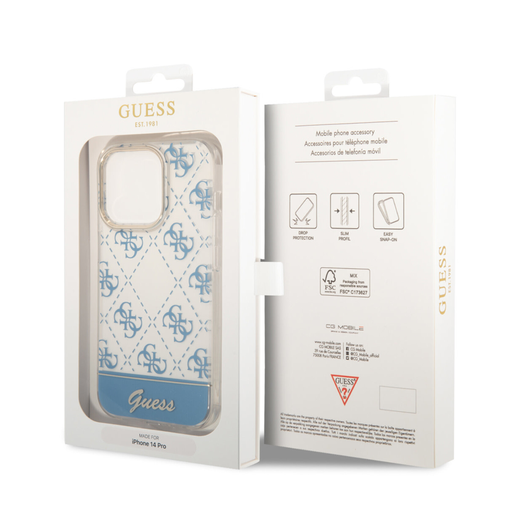 Guess Guess iPhone 14 Pro Blauwe TPU Back Cover - Beschermende Telefoonhoesje voor Apple iPhone 14 Pro