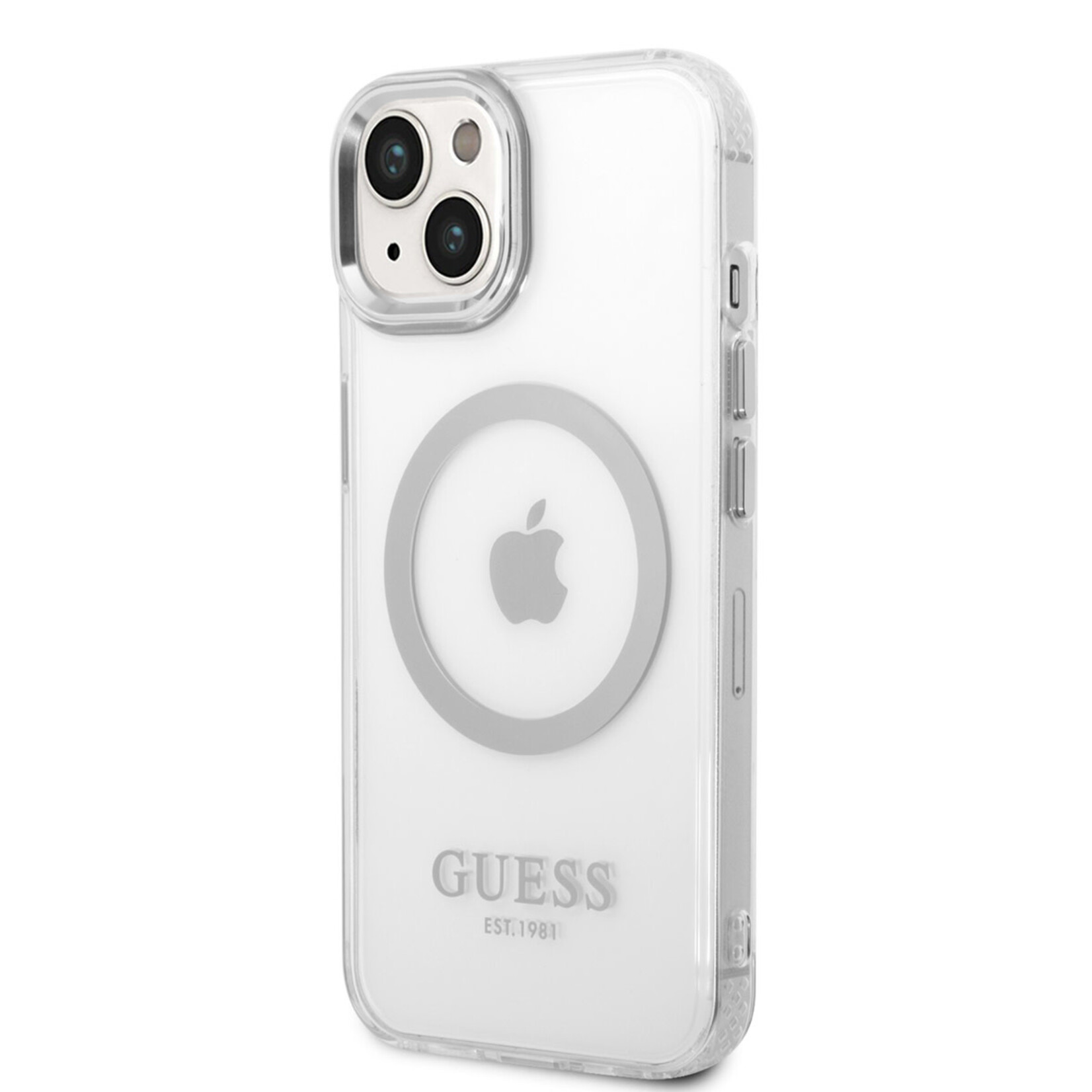 Guess Guess iPhone 14 Plus Telefoonhoesje - Transparant Zilver TPU met Back Cover Magsafe - Bescherming van Telefoon