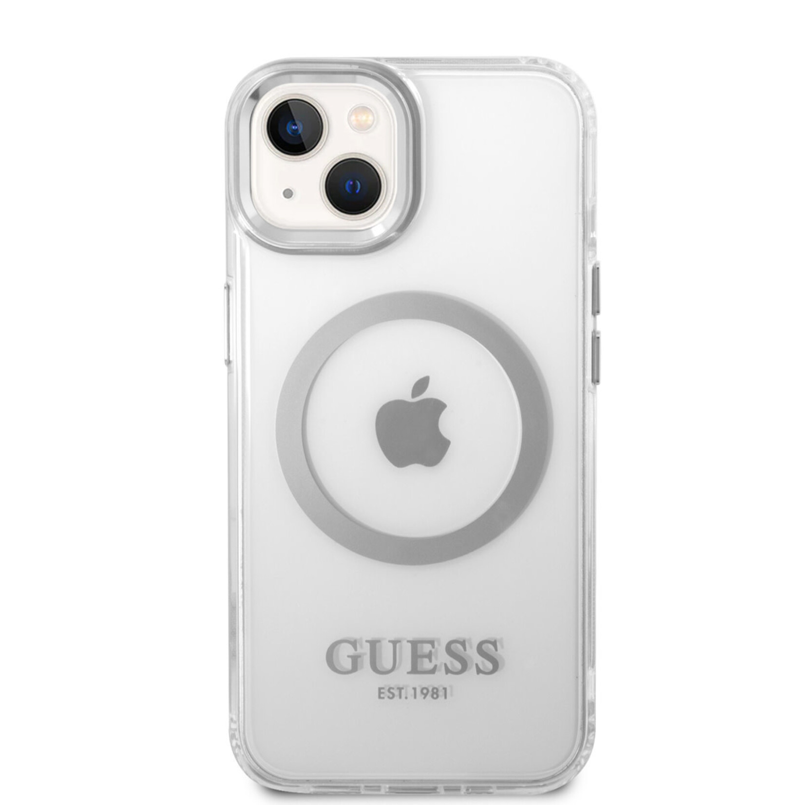 Guess Guess iPhone 14 Plus Telefoonhoesje - Transparant Zilver TPU met Back Cover Magsafe - Bescherming van Telefoon