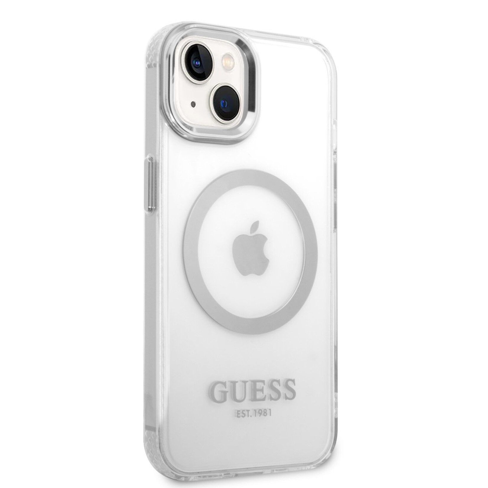 Guess Guess iPhone 14 Plus Telefoonhoesje - Transparant Zilver TPU met Back Cover Magsafe - Bescherming van Telefoon