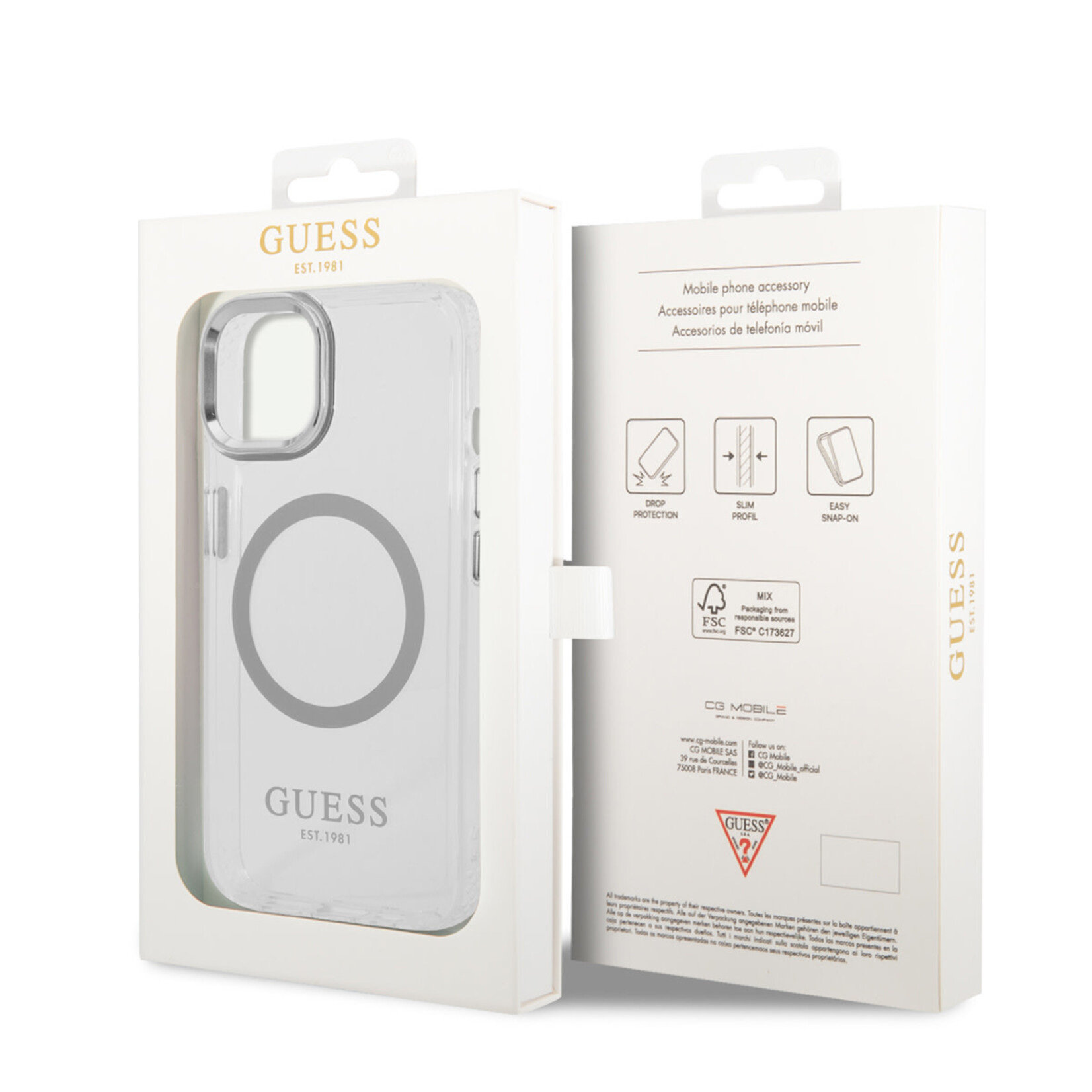 Guess Guess iPhone 14 Plus Telefoonhoesje - Transparant Zilver TPU met Back Cover Magsafe - Bescherming van Telefoon