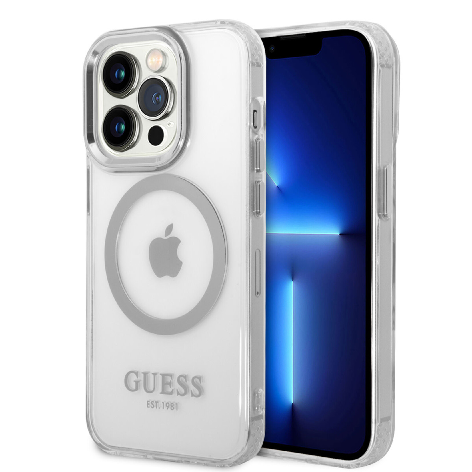 Guess Guess Apple iPhone 14 Pro Max TPU Back Cover Magsafe Telefoonhoesje - Zilver/Transparant - Bescherm je Telefoon