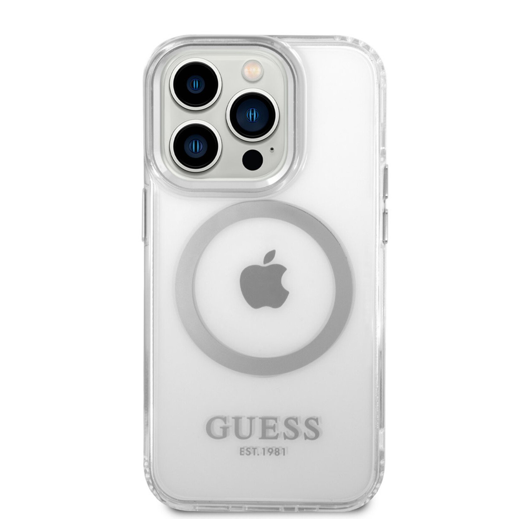 Guess Guess Apple iPhone 14 Pro Max TPU Back Cover Magsafe Telefoonhoesje - Zilver/Transparant - Bescherm je Telefoon