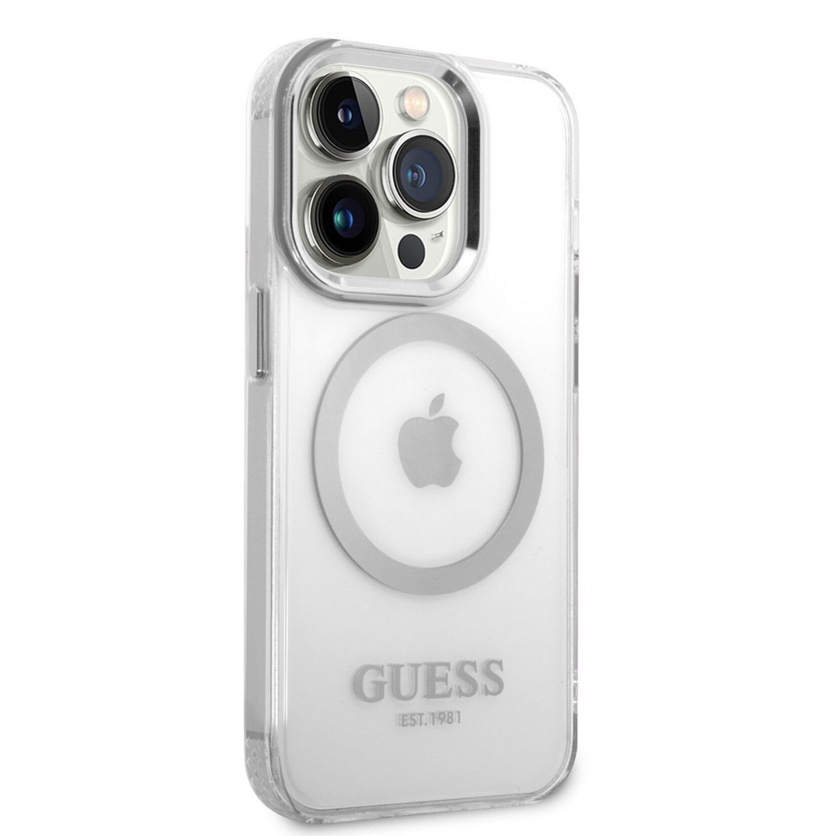 Guess Guess Apple iPhone 14 Pro Max TPU Back Cover Magsafe Telefoonhoesje - Zilver/Transparant - Bescherm je Telefoon