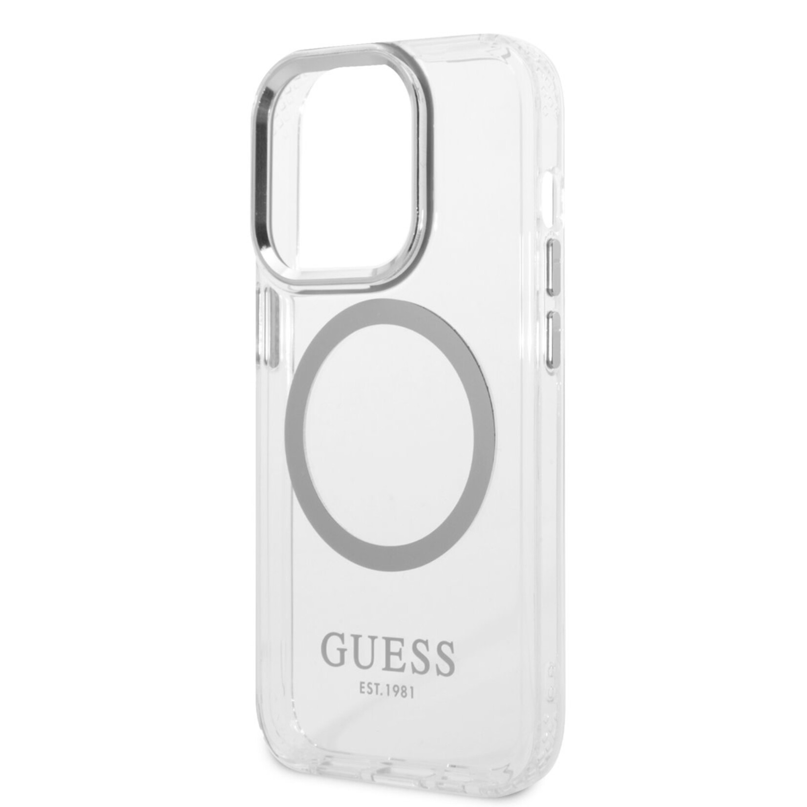 Guess Guess Apple iPhone 14 Pro Max TPU Back Cover Magsafe Telefoonhoesje - Zilver/Transparant - Bescherm je Telefoon