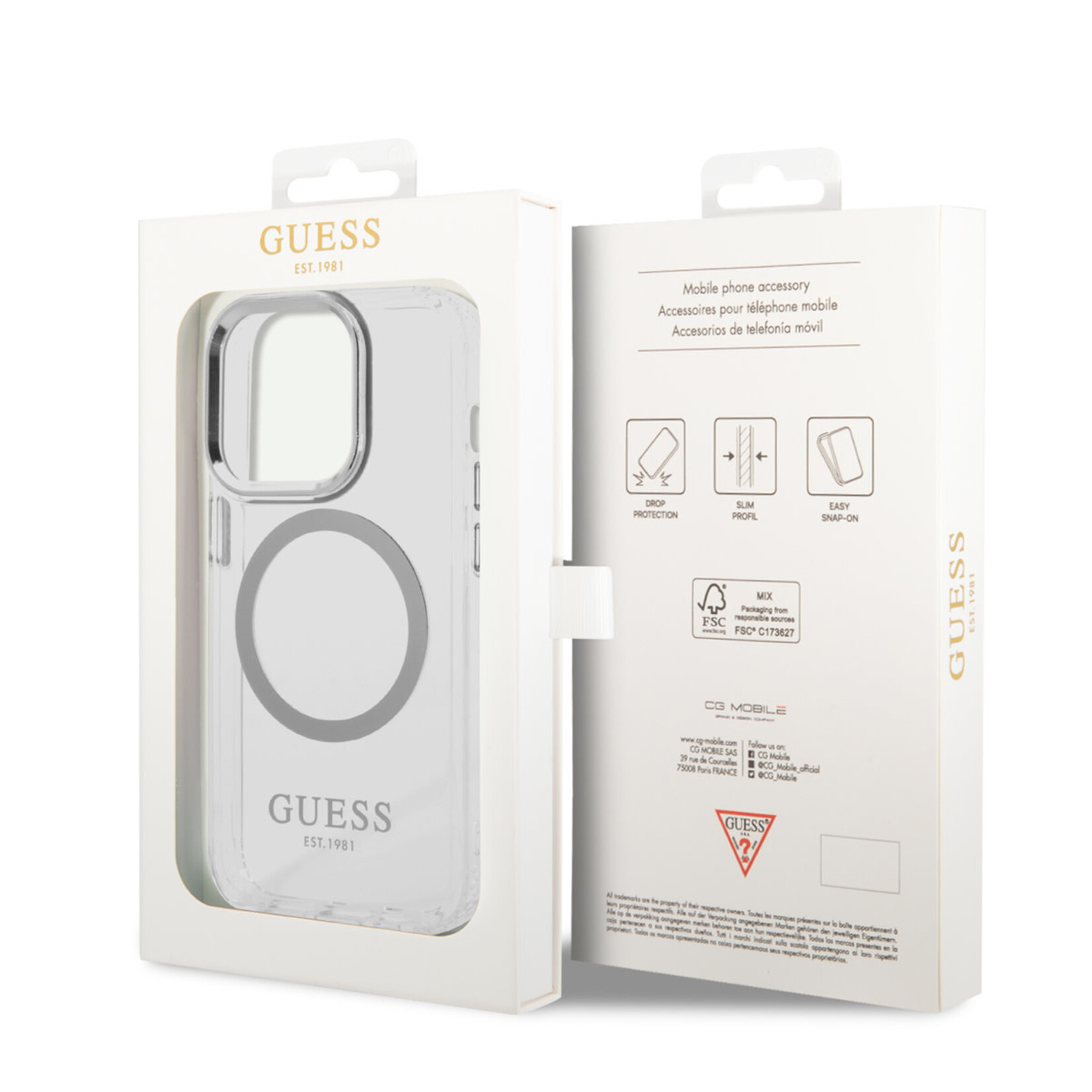 Guess Guess Apple iPhone 14 Pro Max TPU Back Cover Magsafe Telefoonhoesje - Zilver/Transparant - Bescherm je Telefoon