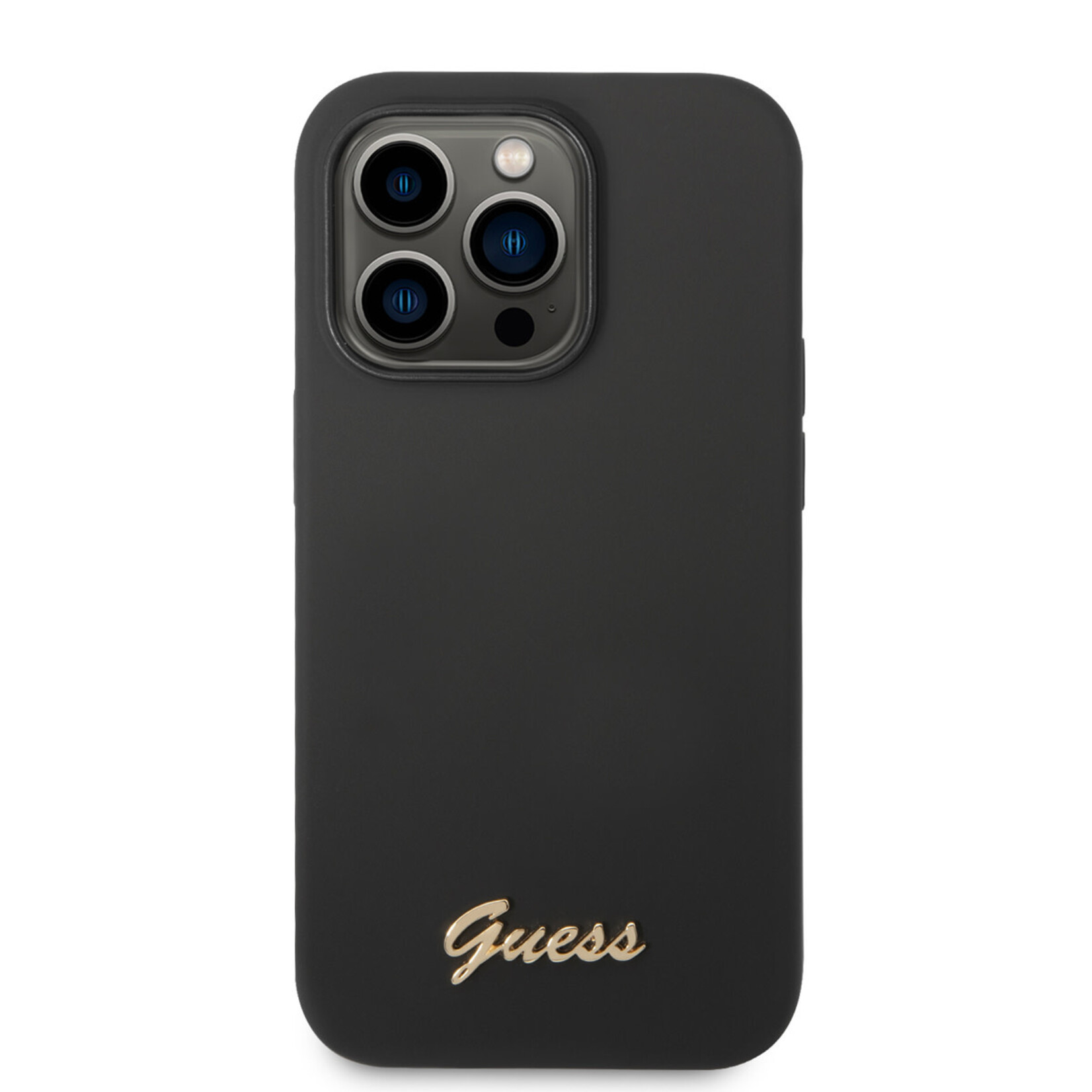 Guess Guess iPhone 14 Pro Silicone Backcover - Metal logo - Zwart