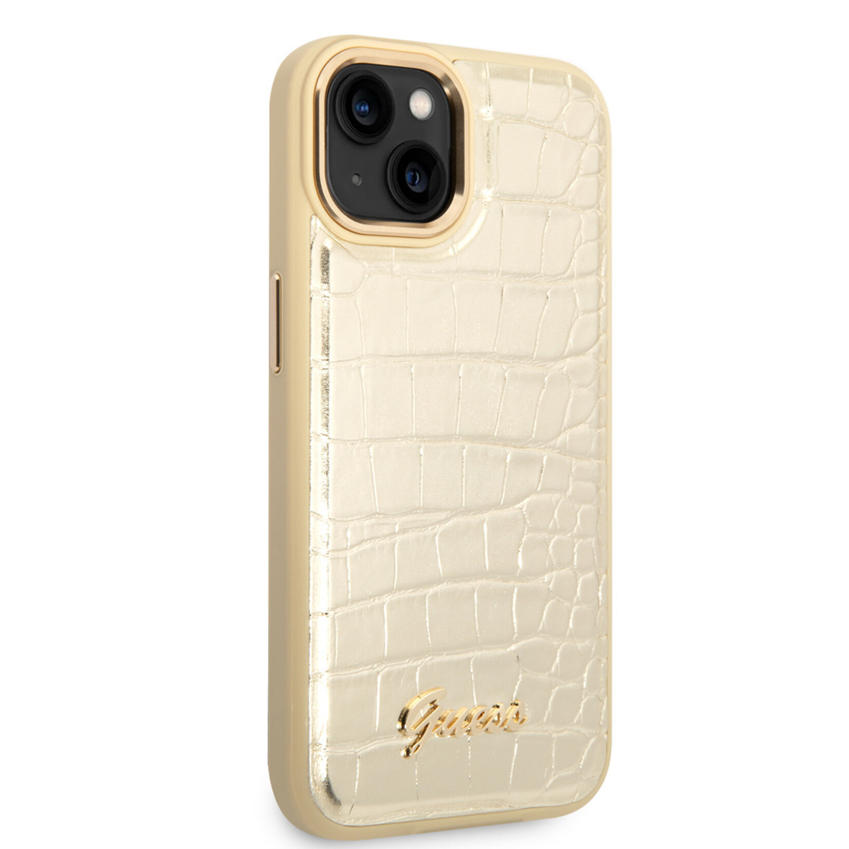 Guess Guess iPhone 14 Hardcase Backcover - Croco - Metal Buttons & Camera - Goud