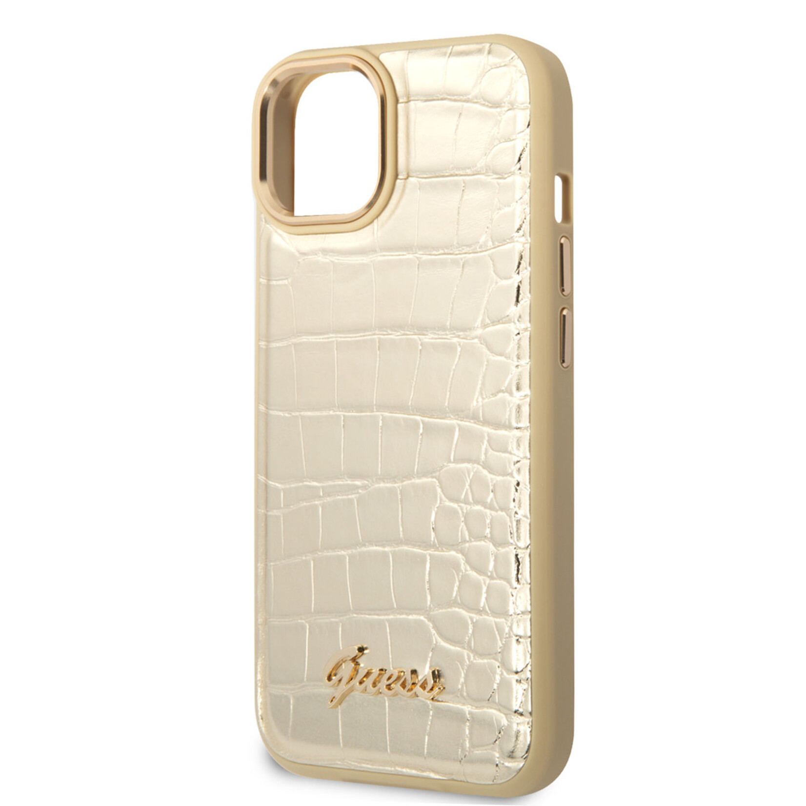 Guess Guess iPhone 14 Hardcase Backcover - Croco - Metal Buttons & Camera - Goud