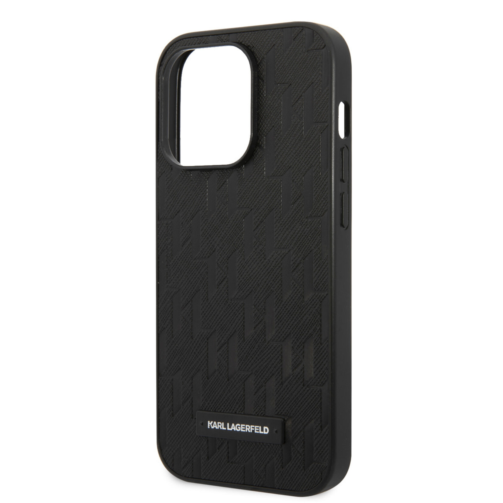 Karl Lagerfeld Karl Lagerfeld iPhone 14 Pro Hardcase Backcover - Saffiano Leather - Metal Logo - Zwart