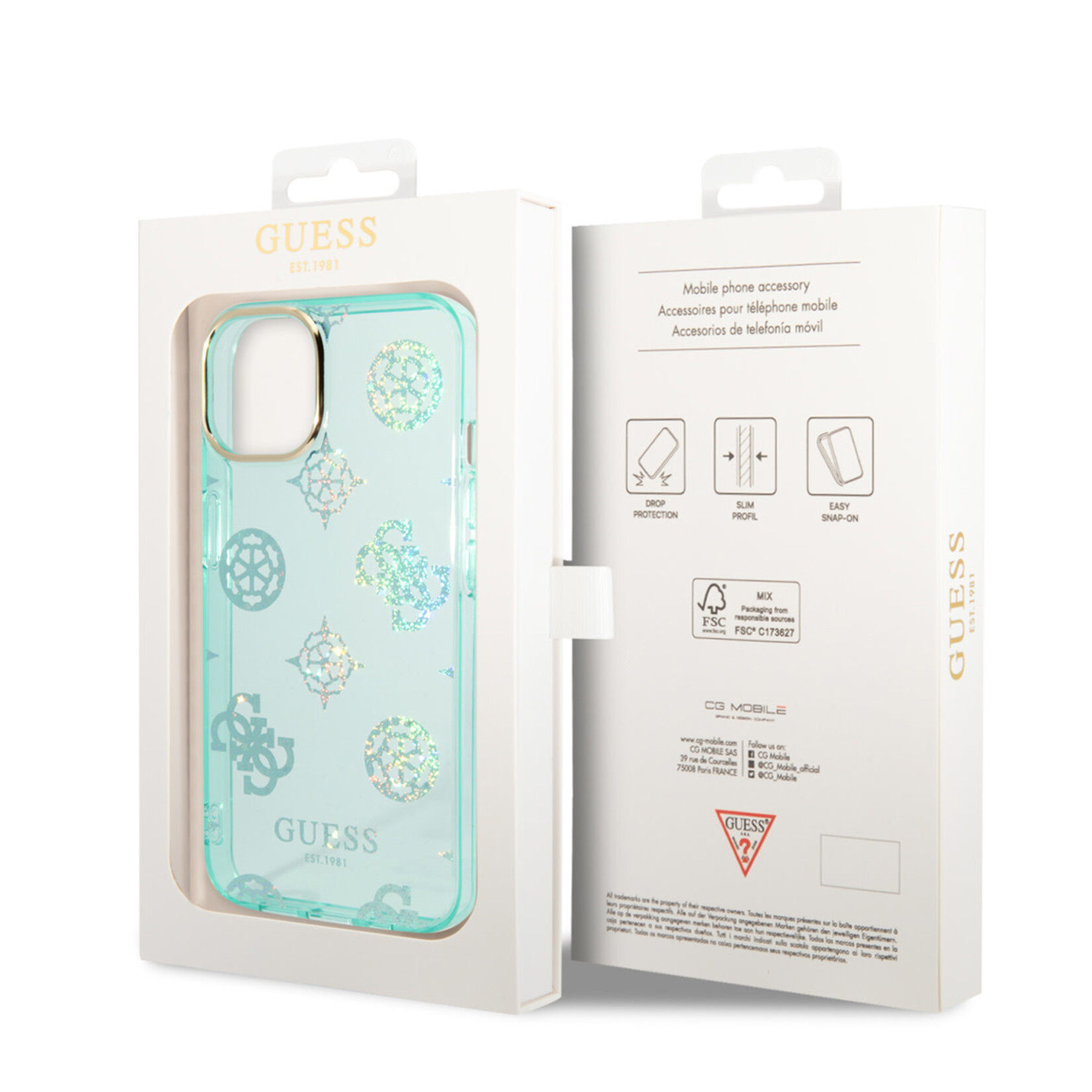 Guess Guess iPhone 14 Hardcase Backcover - Peony Glitter - Turquoise