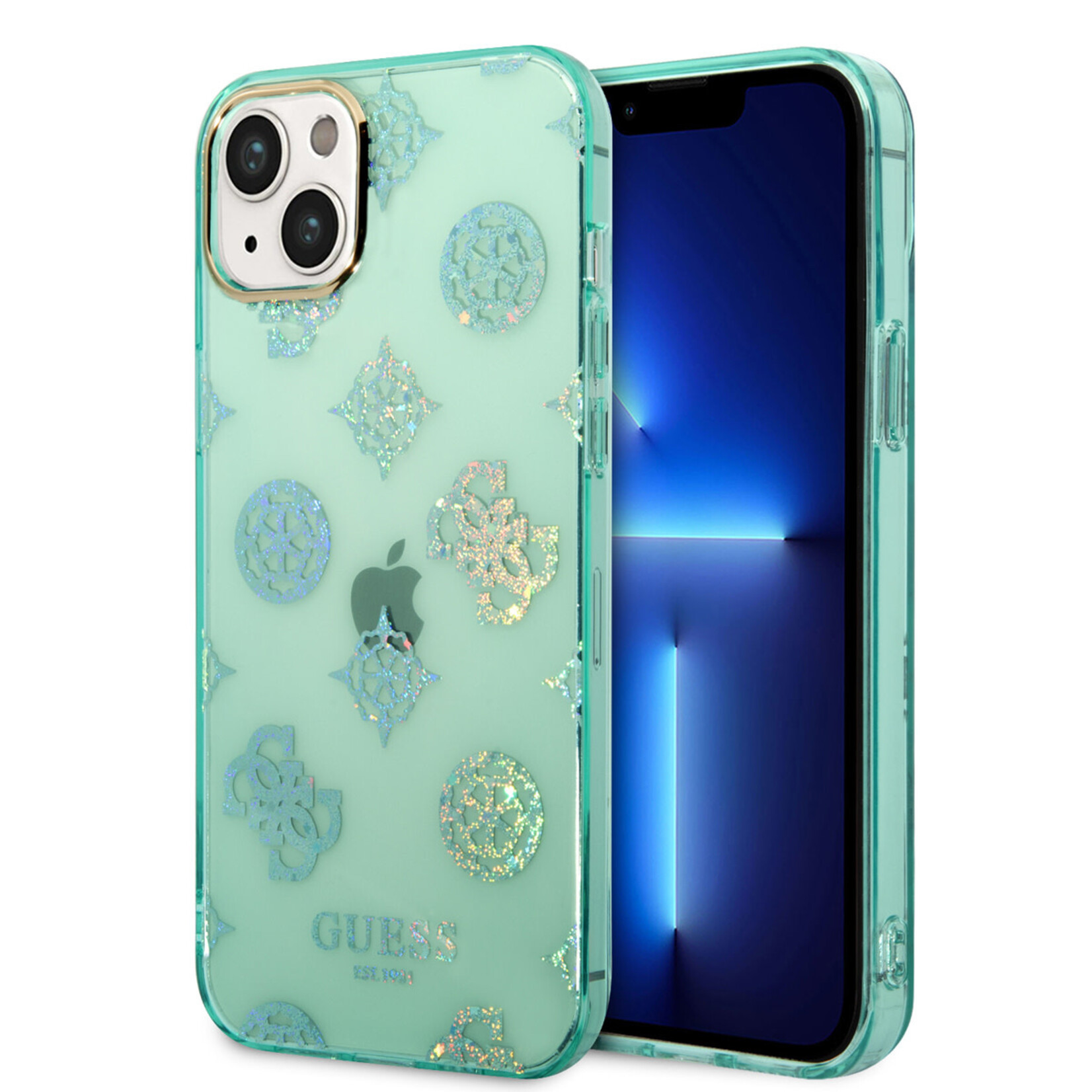 Guess Guess iPhone 14 Plus Hardcase Backcover - Peony Glitter - Turquoise