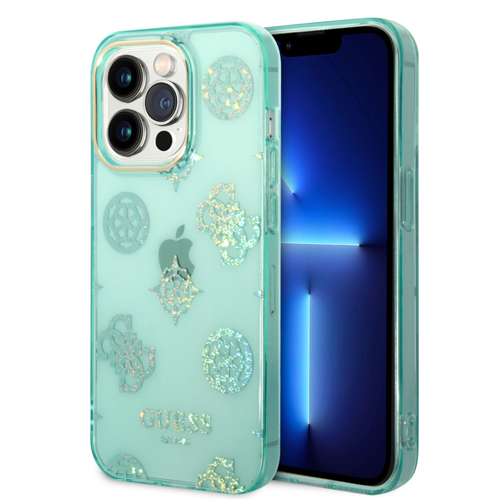 Guess Guess iPhone 14 Pro Back Cover Telefoonhoesje - Groen & Blauw TPU Bescherming - Merk & Kwaliteit