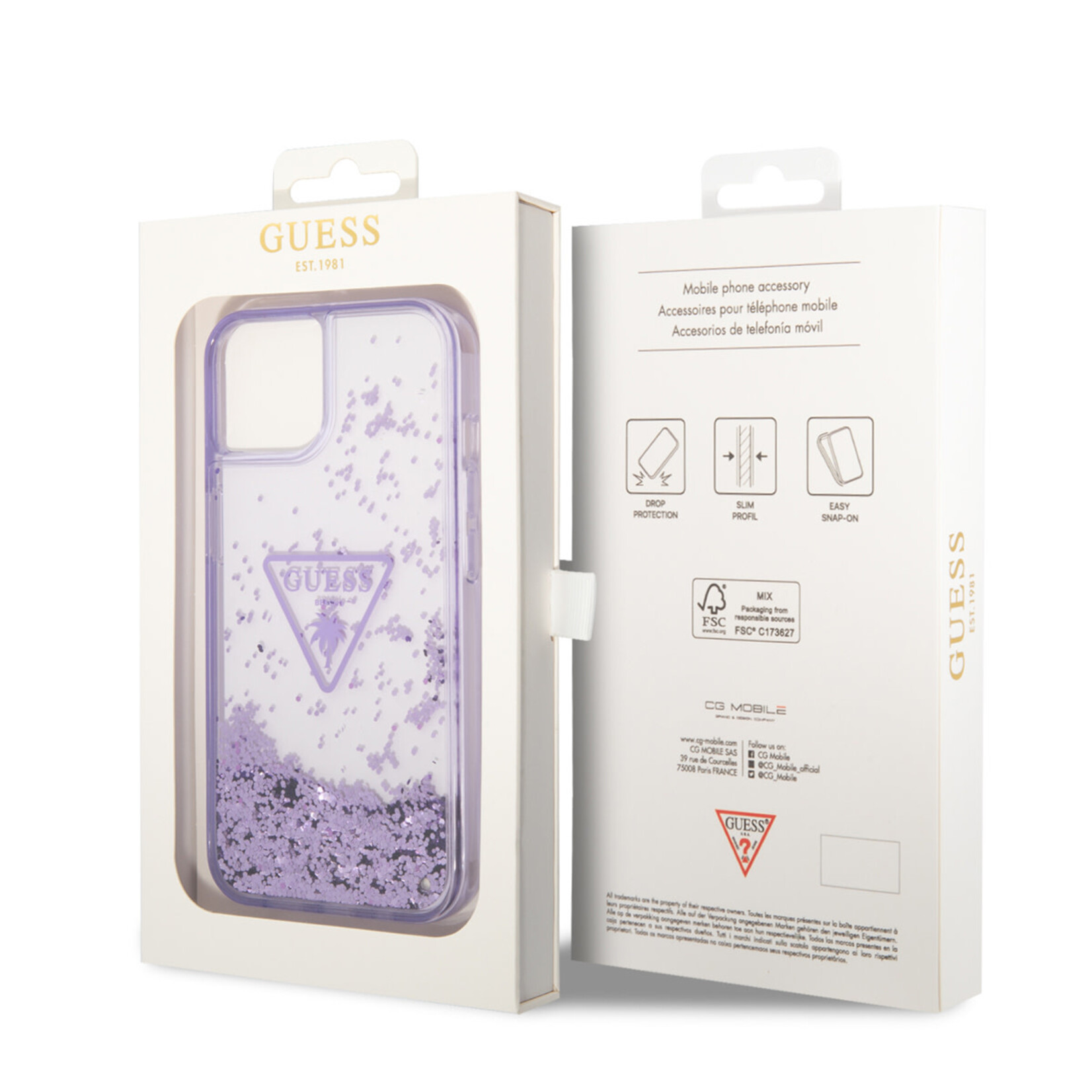 Guess Guess iPhone 14 Hardcase Backcover - Liquid Glitter - Doorzichtig - Paars