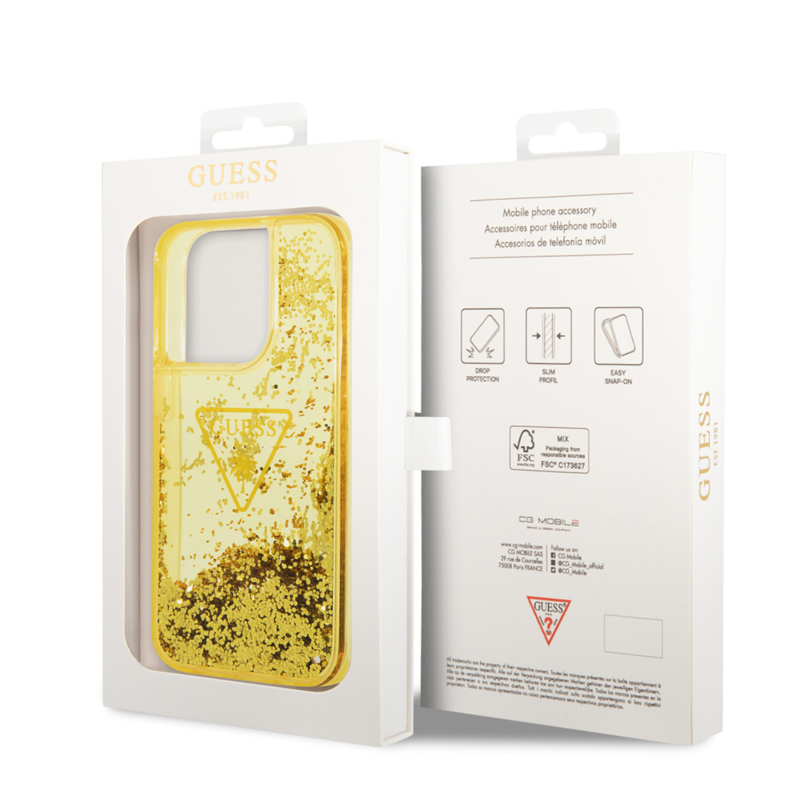 Guess Guess iPhone 14 Pro Gouden TPU Back Cover Hoesje met Bescherming - Perfecte Pasvorm & Comfortabel Gevoel.