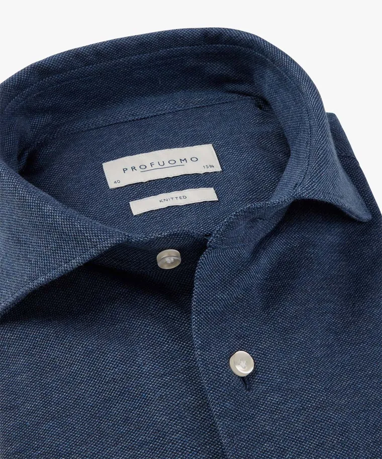 Profuomo Overhemd The Knitted Shirt Jeans Blauw Melange Profuomo